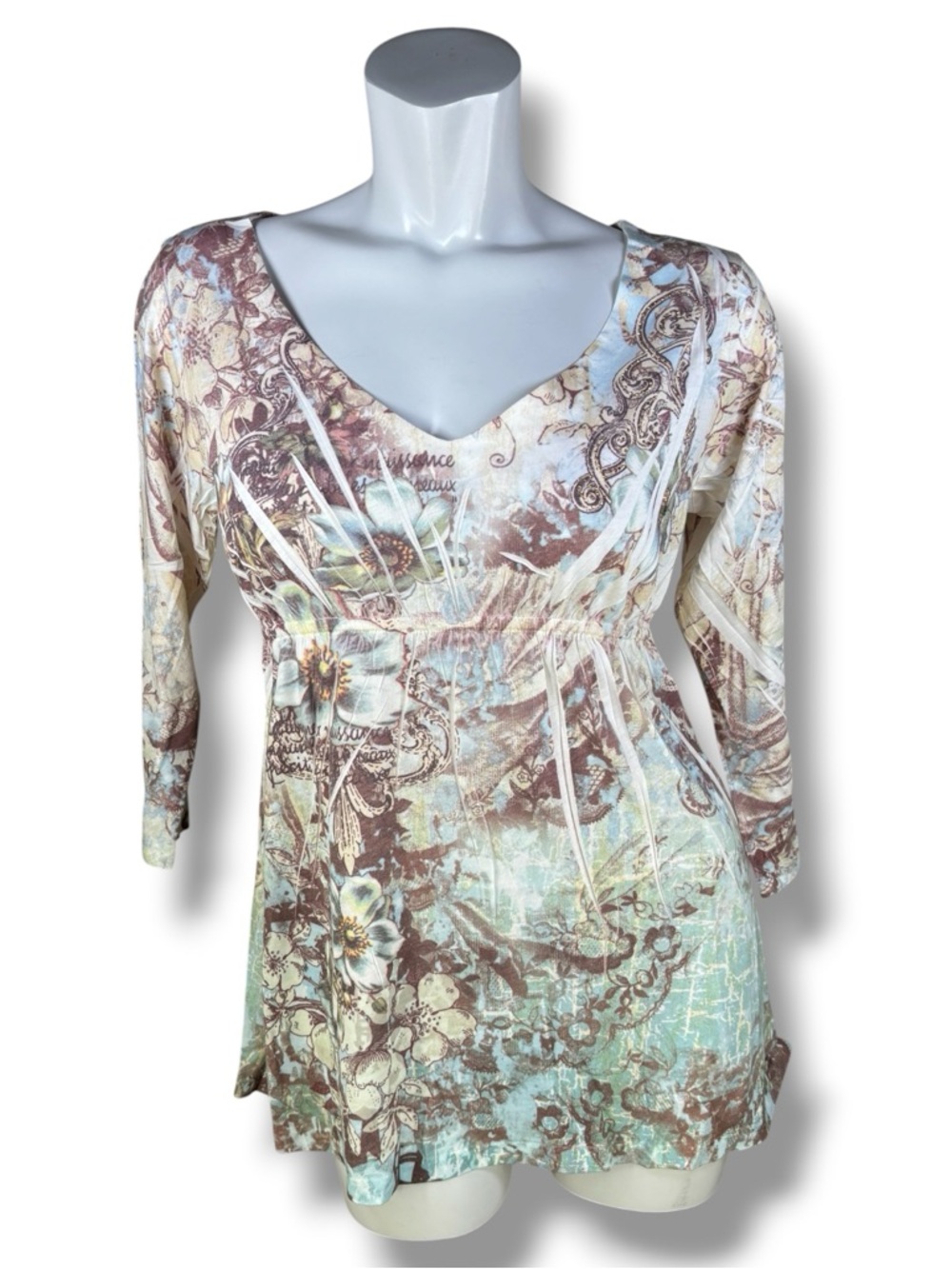 Yukiko Floral V-Neck Long Sleeve Top Cream, Brown & Pale Green Empire Bodice Med